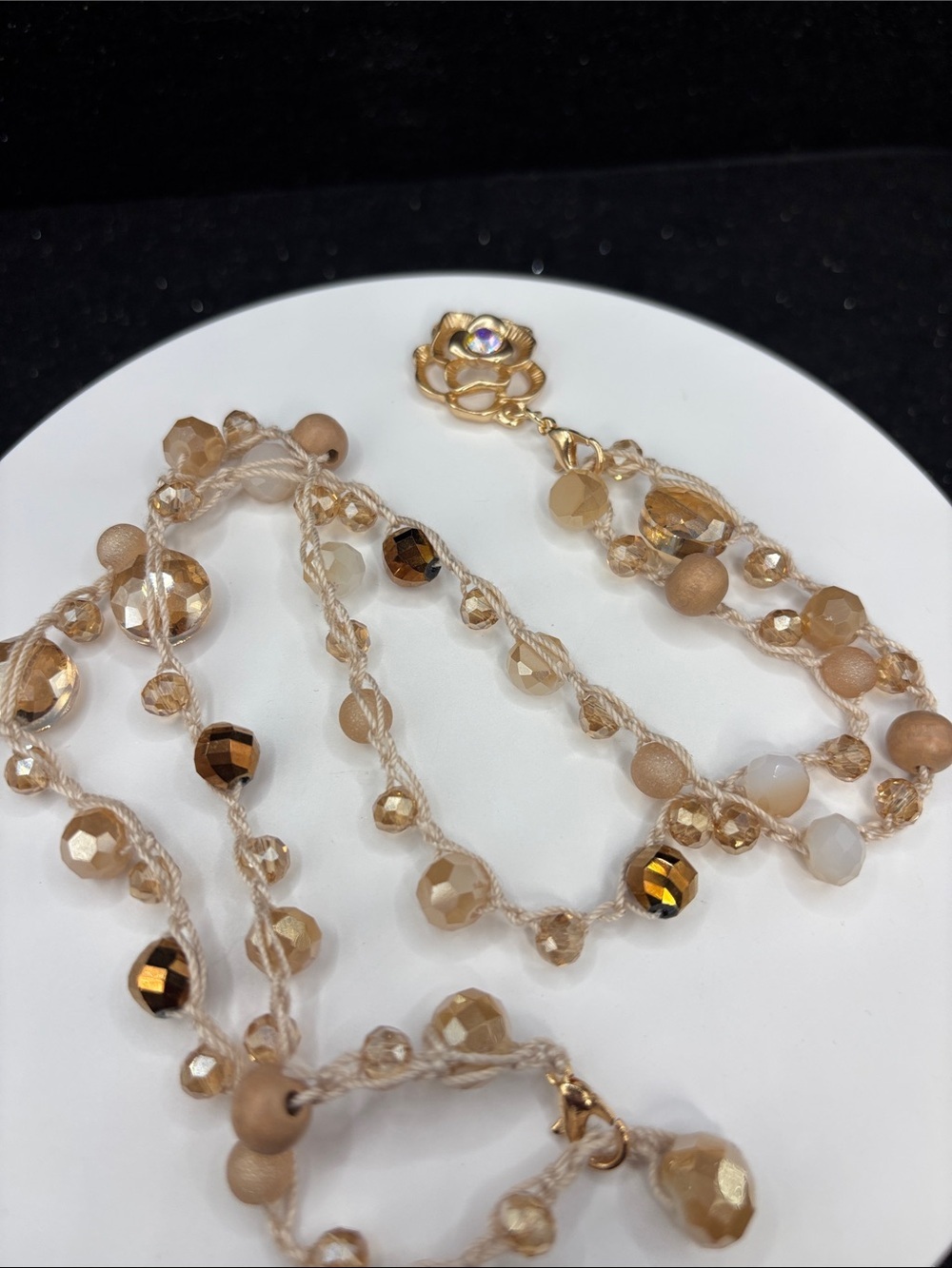 Gold Flower Pendant Beaded Necklace - Neutral Tones - Picture 6 of 7